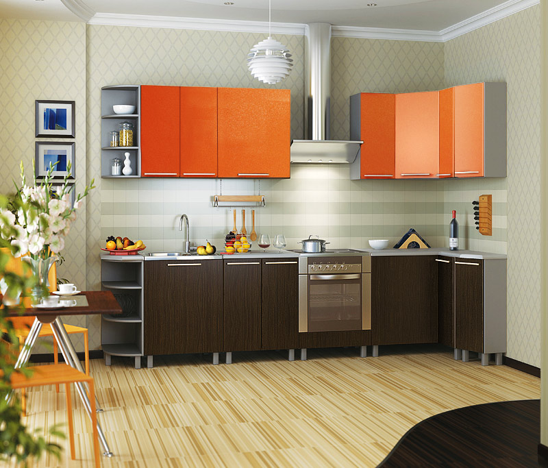 оранжевая кухня с коричневым